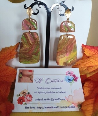 🍁🍂 Très belles B.O rectangulaires en argile Polymère marbrées aux couleurs d&#39;Automne et poudre d&#39;or 🍂🍁 Création artisanale. Modèle unique.