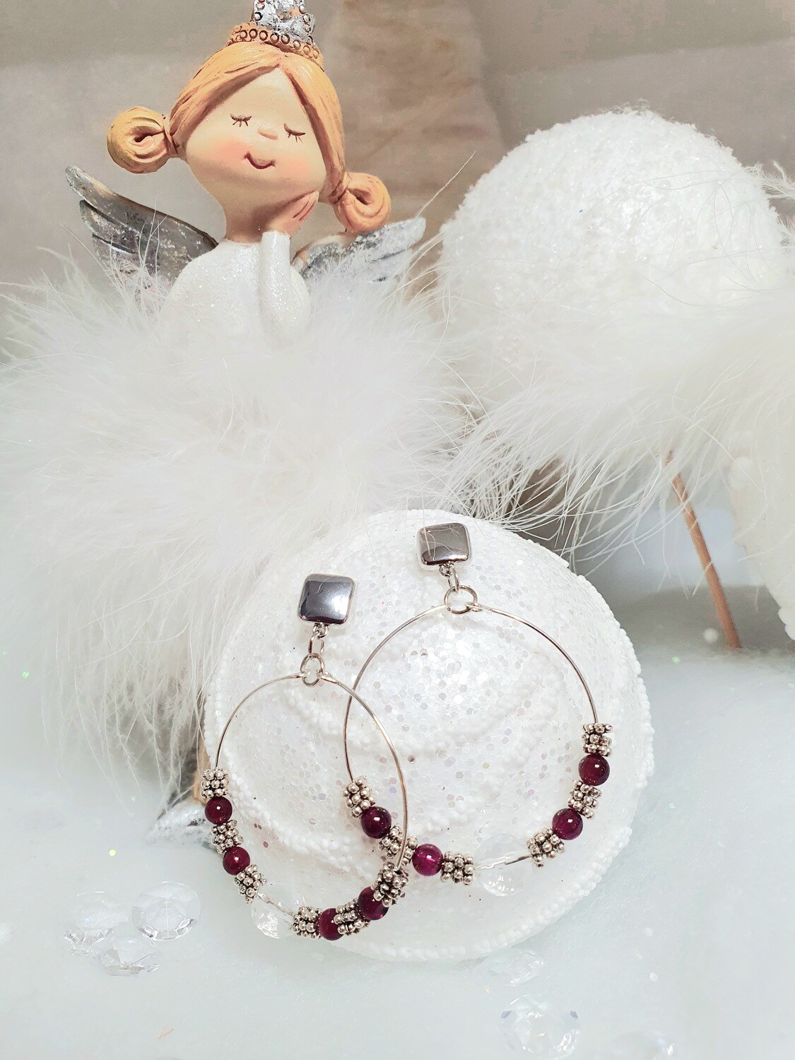 💖 Très élégantes créoles en Cristal de Roche et Grenat 💖 Création artisanale. Modèle unique.