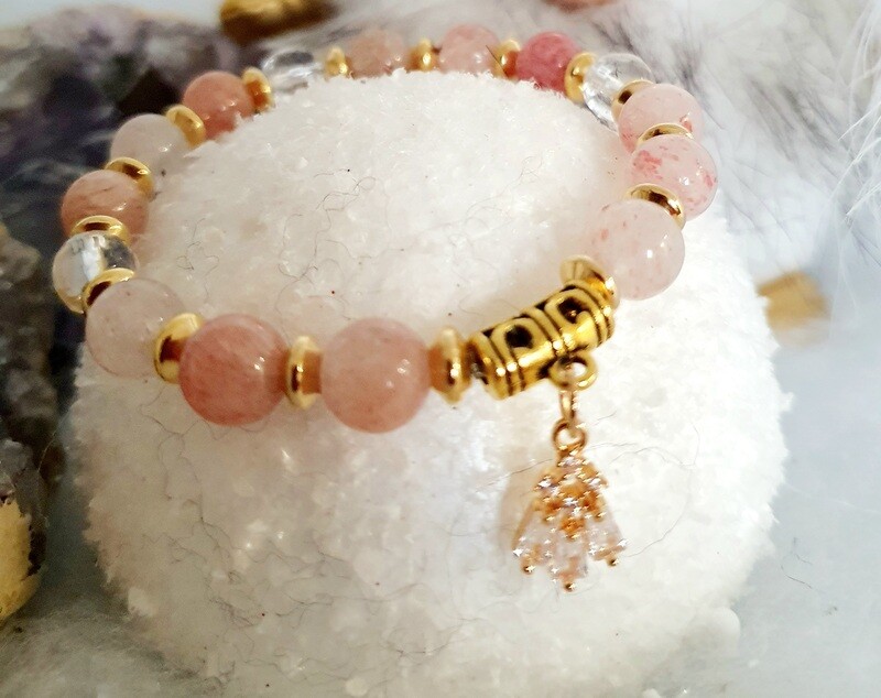 💗 AMOUR/OPTIMISME/ÉQUILIBRE 💗 Magnifique bracelet extensible T.standard 18cm. Véritable QUARTZ FRAISE/CRISTAL DE ROCHE 🙏 Création artisanale. Modèle unique.