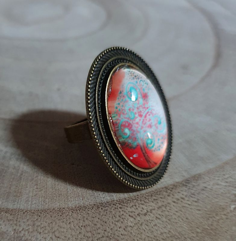 🌳🧡 Bague couleur bronze ajustable. Cabochon ovale arbre de vie orange et turquoise.