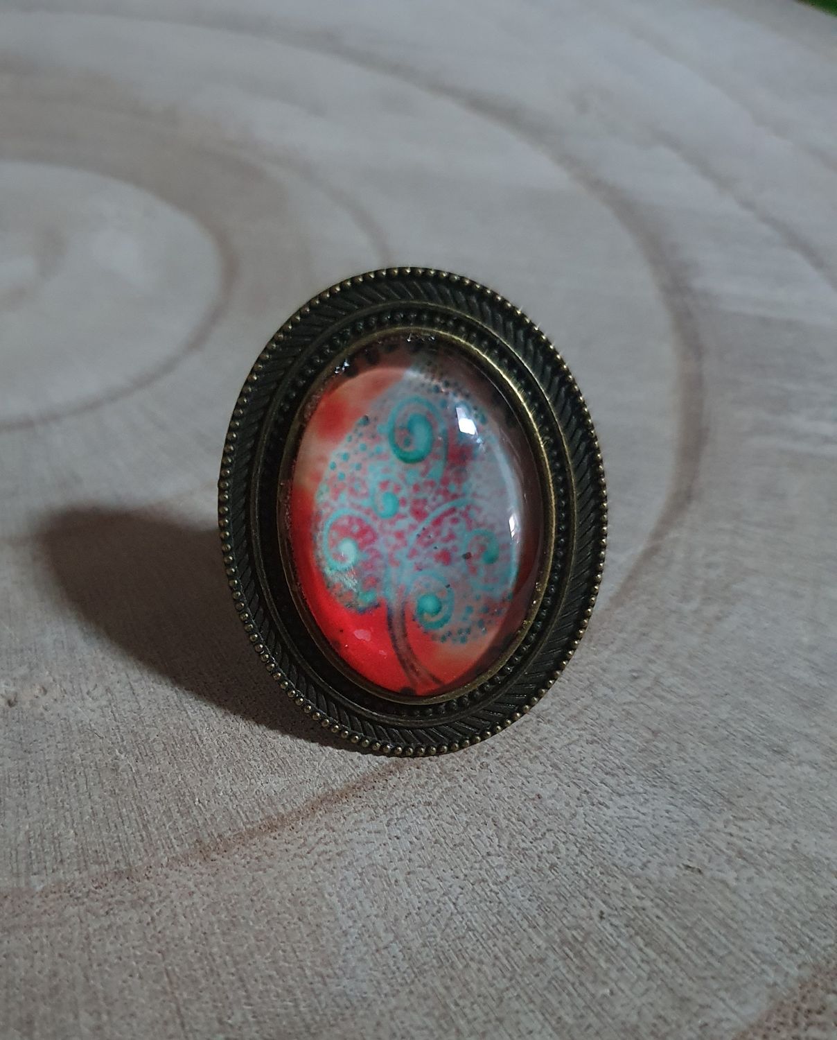 🌳🧡 Bague couleur bronze ajustable. Cabochon ovale arbre de vie orange et turquoise.