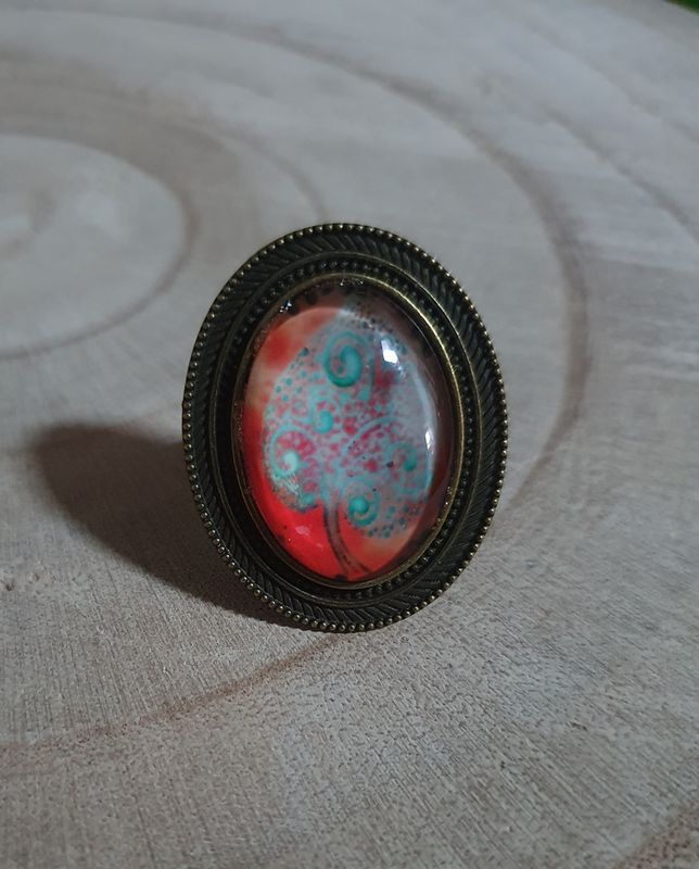 🌳🧡 Bague couleur bronze ajustable. Cabochon ovale arbre de vie orange et turquoise.