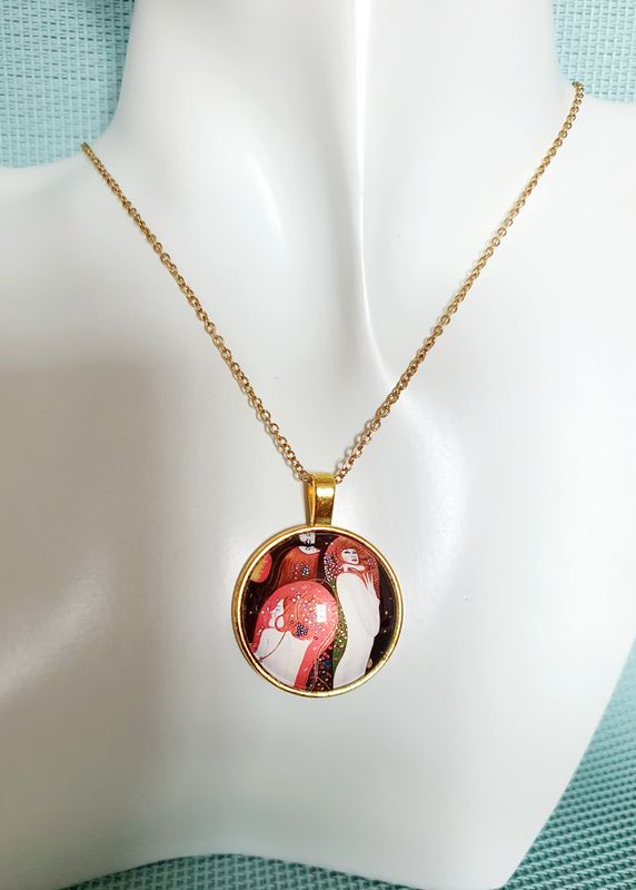 🧡 KLIMT 🧡 Collier en acier doré inoxydable. Pendentif cabochon rond. Art nouveau. Modèle unique.