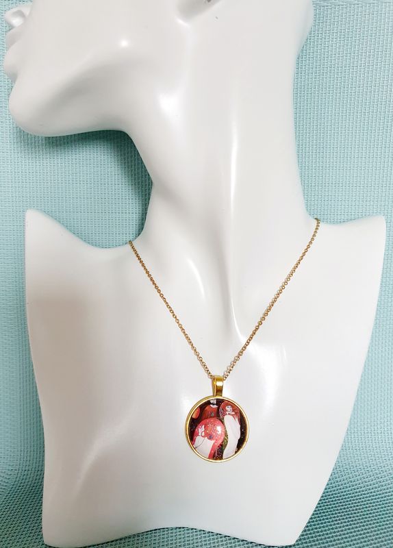 🧡 KLIMT 🧡 Collier en acier doré inoxydable. Pendentif cabochon rond. Art nouveau. Modèle unique.