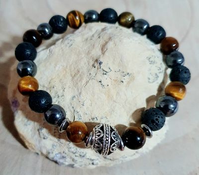 🙏 TRIPLE PROTECTION 🙏 ŒIL DE TIGRE 🐯 HÉMATITE/ PIERRE DE LAVE. Bracelet extensible mixte. T.19cm. Perles en véritable Œil de tigre, pierre de lave et Hématite. Création artisanale. Modèle unique.