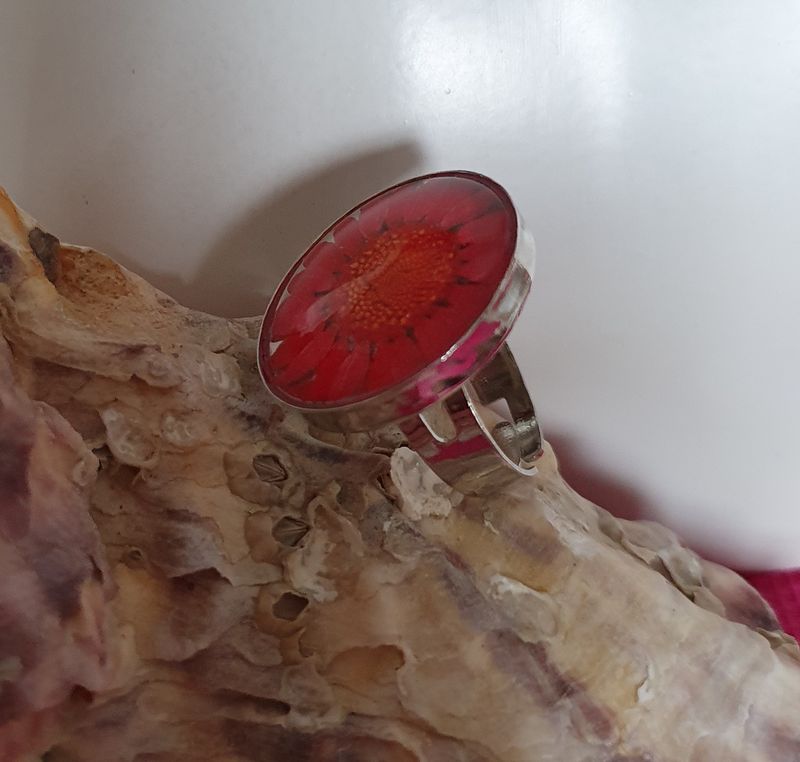 🌸 Bague ronde ajustable en acier inoxydable. Véritable fleur 🌸 séchée rouge. Cabochon bombé en verre diam.2,5cm. Création artisanale Modèle unique.