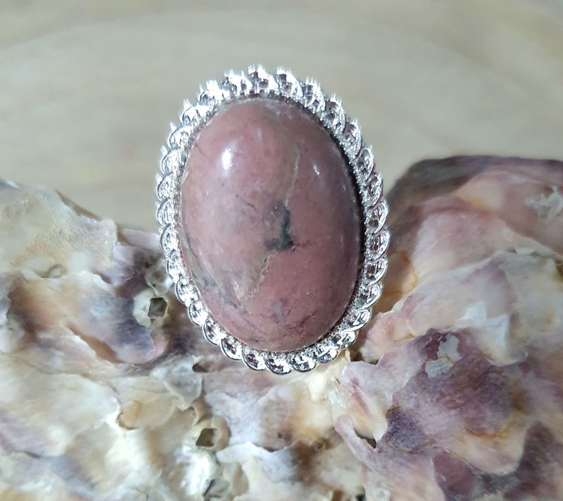 💖 CABOCHON RHODONITE 💖 🙏 ANTI-STRESS/ÉQUILIBRE/APAISEMENT 🙏 Bague ajustable ovale en acier inoxydable. Modèle unique.