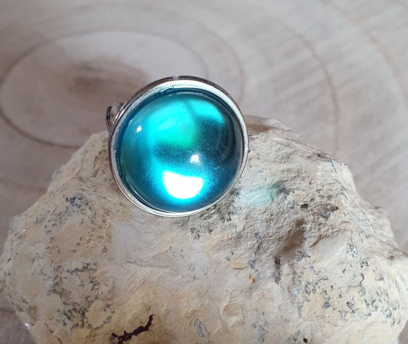 🔵 COLLECTION &quot;TEENAGERS&quot; BUBBLES 🔵 Bague ajustable ronde en acier inoxydable. Cabochon bombé en verre Azur.