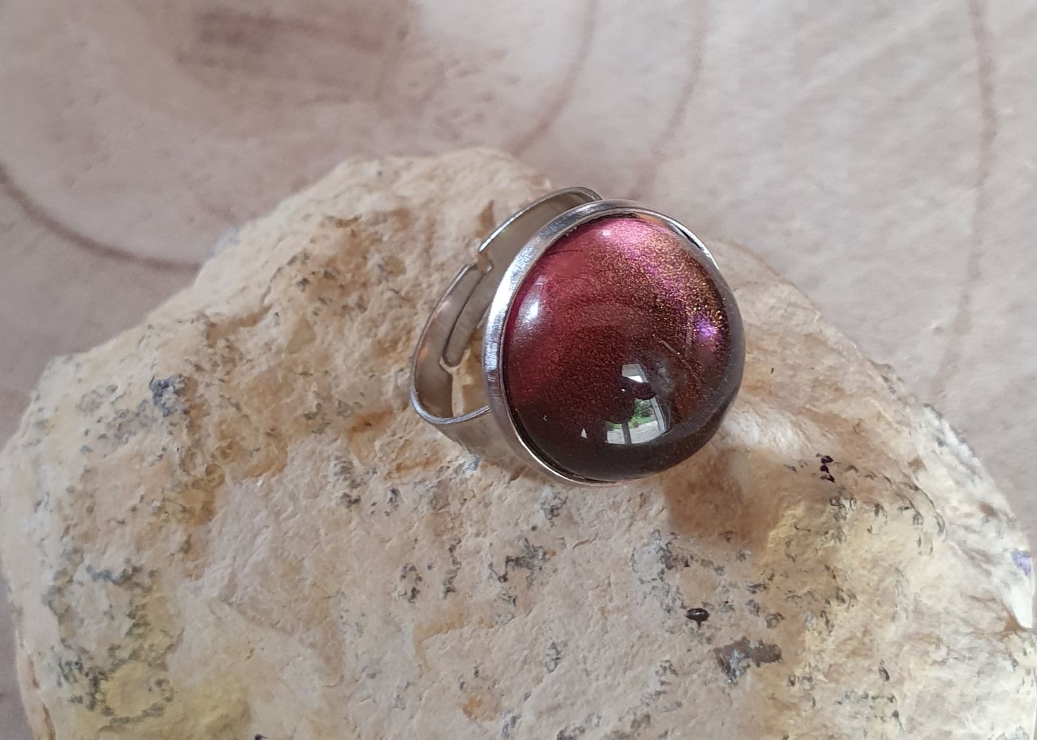🟤 COLLECTION &quot;TEENAGERS&quot; BUBBLES 🟤 Bague ronde ajustable en acier inoxydable. Cabochon bombé en verre châtaigne 🌰