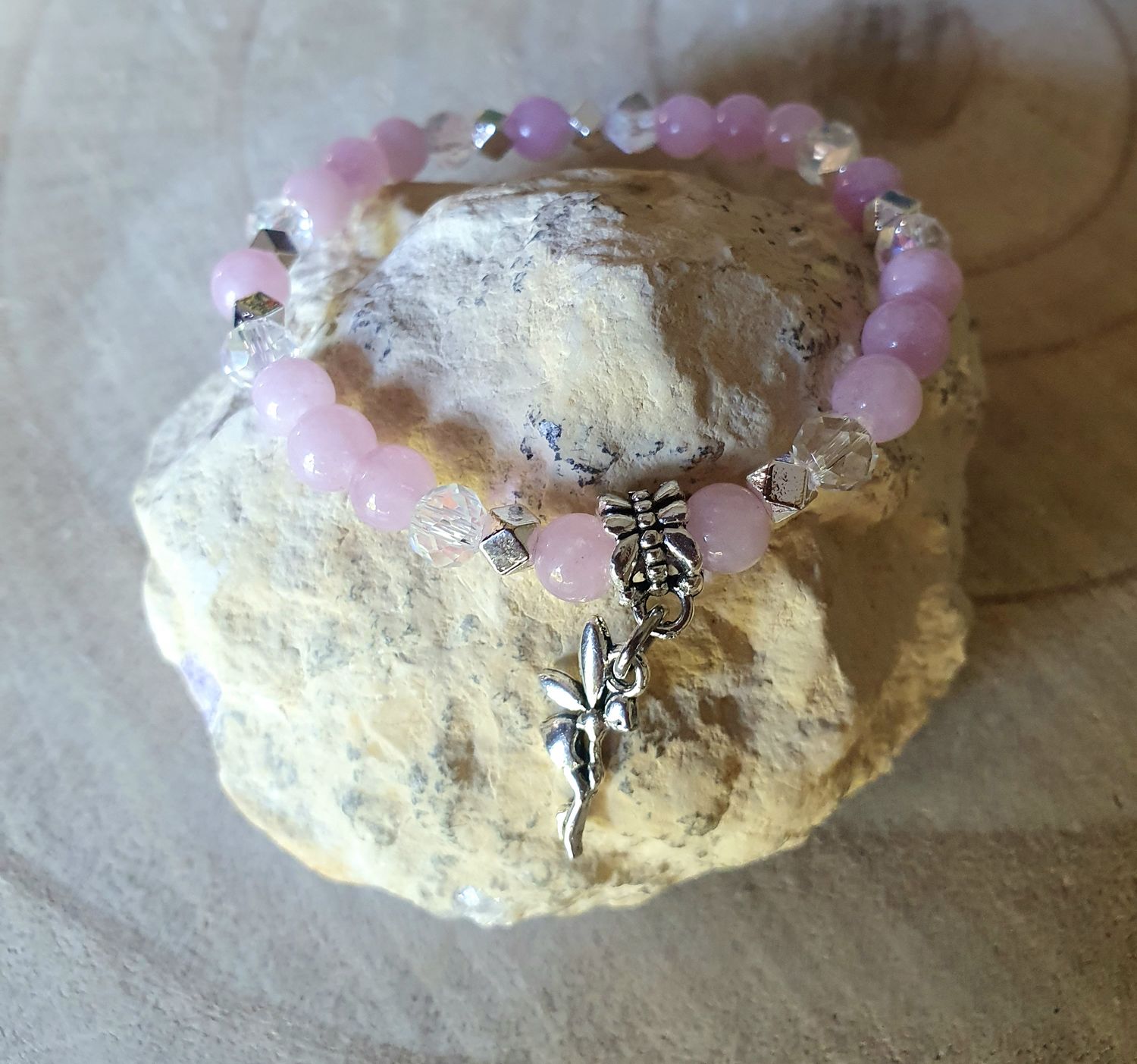 🙏 KUNZITE et CRISTAL 🙏 AMOUR/RÉCONFORT/PROTECTION. Bracelet extensible T.standard 18cm. Création artisanale. Modèle unique.