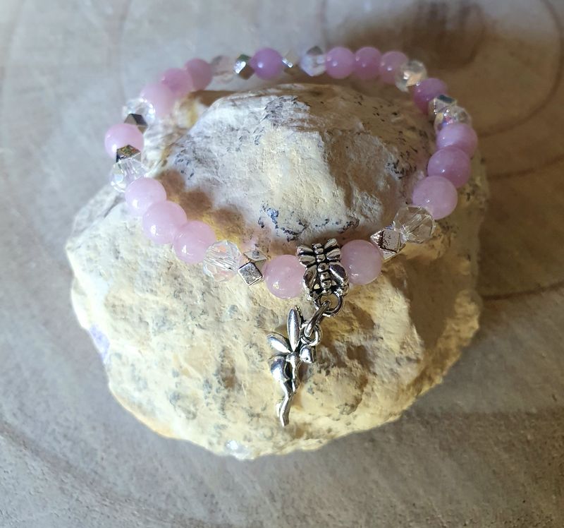 🙏 KUNZITE et CRISTAL 🙏 AMOUR/RÉCONFORT/PROTECTION. Bracelet extensible T.standard 18cm. Création artisanale. Modèle unique.