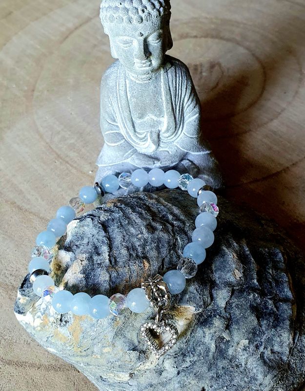 🙏 AIGUE-MARINE et CRISTAL 🙏 ANTI-STRESS/COURAGE/DYNAMISME. Bracelet extensible T.standard 18cm. Création artisanale. Modèle unique.