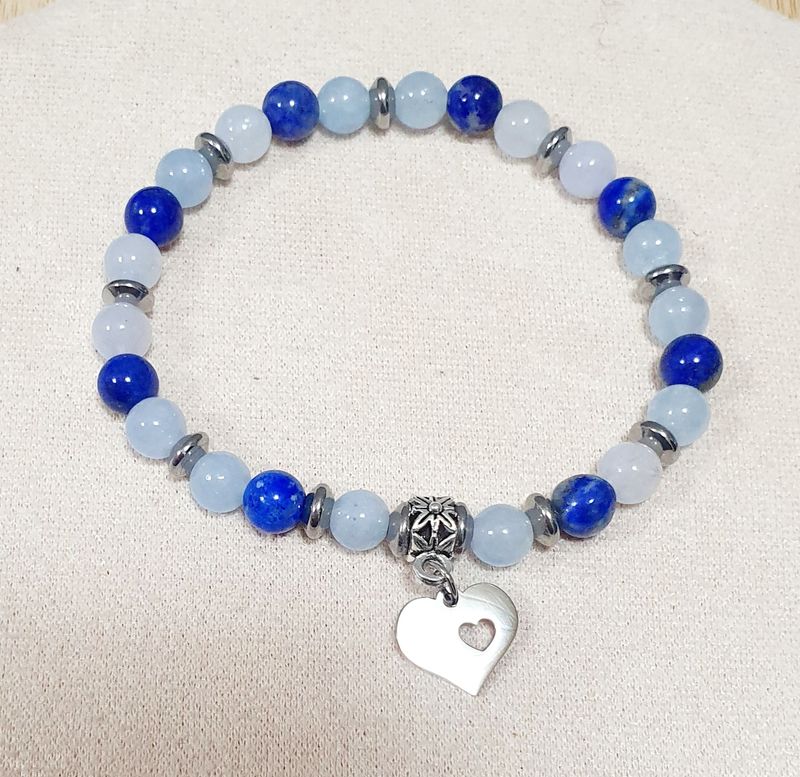 💙 Bracelet extensible T.standard 18,5cm. Perles naturelles en véritables Lapis-lazuli et Aigue-marine. Création artisanale. Modèle unique.