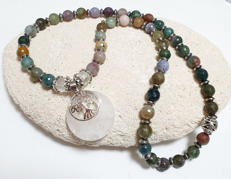 🤩 Magnifique sautoir extensible 48 perles. Facile à enfiler. Véritable Agate indienne. Pendentif arbre de vie Cristal de Roche. Création artisanale. Modèle unique.