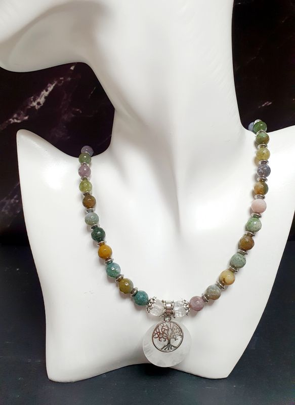 🤩 Magnifique sautoir extensible 48 perles. Facile à enfiler. Véritable Agate indienne. Pendentif arbre de vie Cristal de Roche. Création artisanale. Modèle unique.