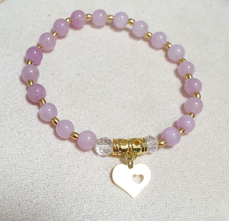 💗 Bracelet extensible T.standard 18,5cm. Perles naturelles en véritable Kunzite et Cristal de Roche. Création artisanale. Modèle unique.