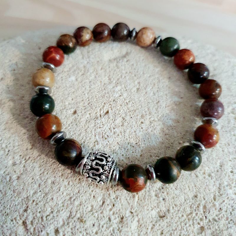 🙏APAISEMENT/RÉCONFORT/POSITIVITÉ 🙏 Superbe bracelet extensible Homme/mixte. T.19,5cm (Personnalisable) Perles 8mm en véritable JASPE PICASSO. Création artisanale.