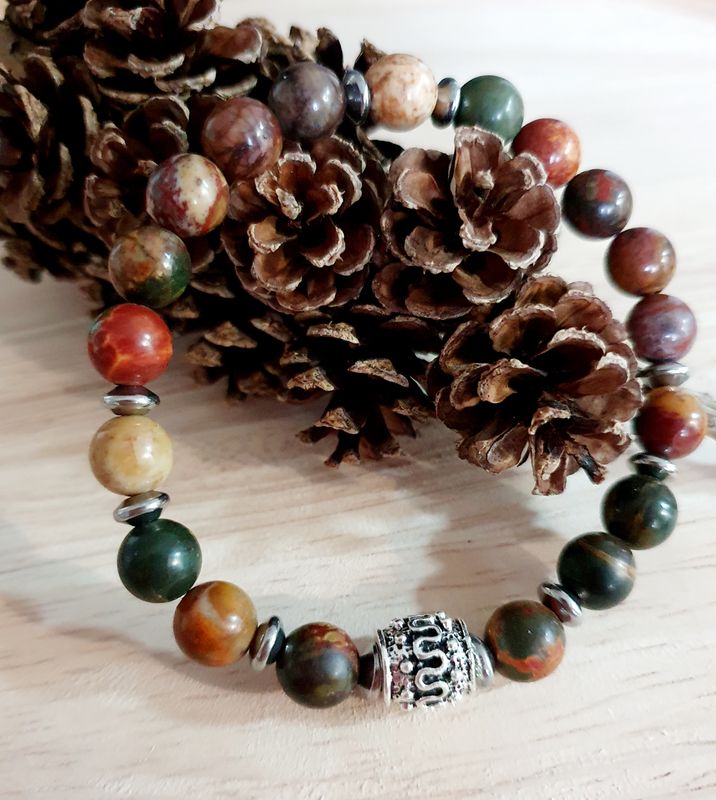 🙏APAISEMENT/RÉCONFORT/POSITIVITÉ 🙏 Superbe bracelet extensible Homme/mixte. T.19,5cm (Personnalisable) Perles 8mm en véritable JASPE PICASSO. Création artisanale.