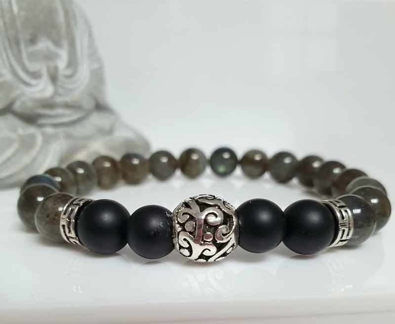 🙏 PROTECTION/CONFIANCE EN SOI/FORCE 🙏 Bracelet extensible Homme/mixte T.18,5cm (Personnalisable) Perles en ONYX NOIR MAT et LABRADORITE