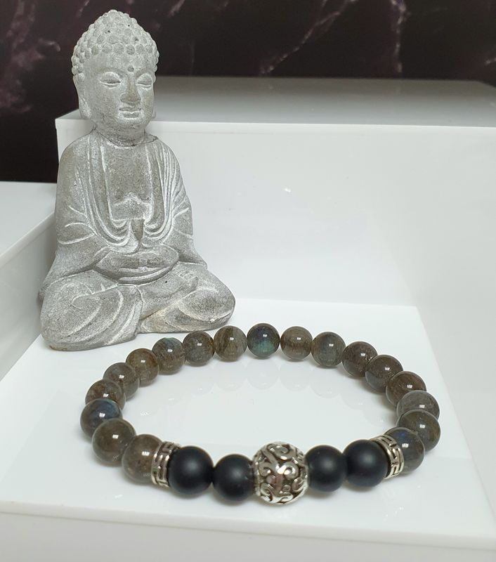 🙏 PROTECTION/CONFIANCE EN SOI/FORCE 🙏 Bracelet extensible Homme/mixte T.18,5cm (Personnalisable) Perles en ONYX NOIR MAT et LABRADORITE
