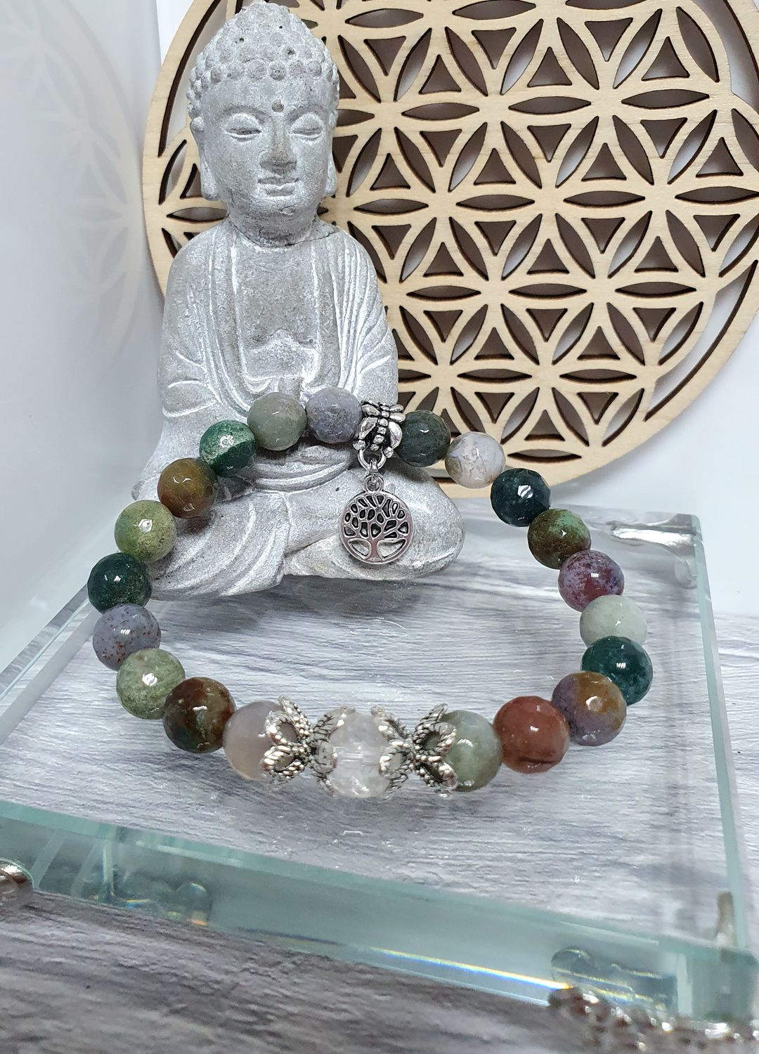 🙏 APAISEMENT/ÉQUILIBRE/HARMONIE 🙏 Bracelet extensible T.18,5cm (Personnalisable) Perles en AGATE INDIENNE et CRISTAL DE ROCHE FACETTÉ
