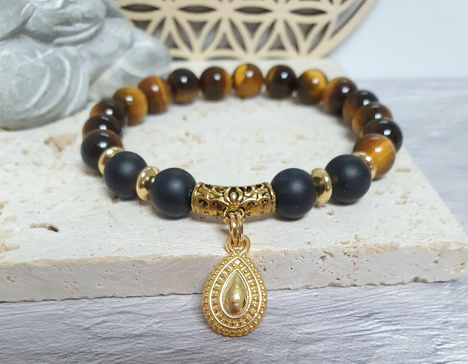 🙏 PROTECTION/RÉSILIENCE/COURAGE 🙏 Bracelet extensible T.18,5cm (Personnalisable) Perles en OEIL DE TIGRE 🐯 et ONYX NOIR MAT