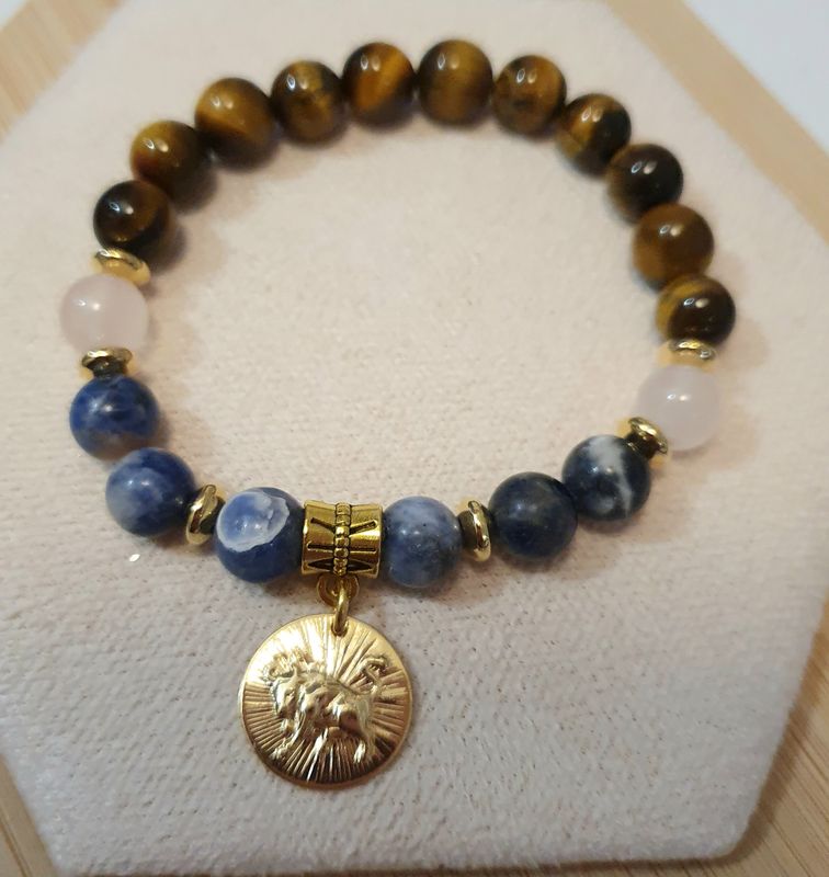 🌟 COLLECTION BRACELETS ASTRO 🌟 🐂 TAUREAU 🐂 Bracelet mixte extensible en OEIL DE TIGRE/SODALITE/QUARTZ ROSE Médaillon TAUREAU doré à l&#39;or fin 24K Premium.