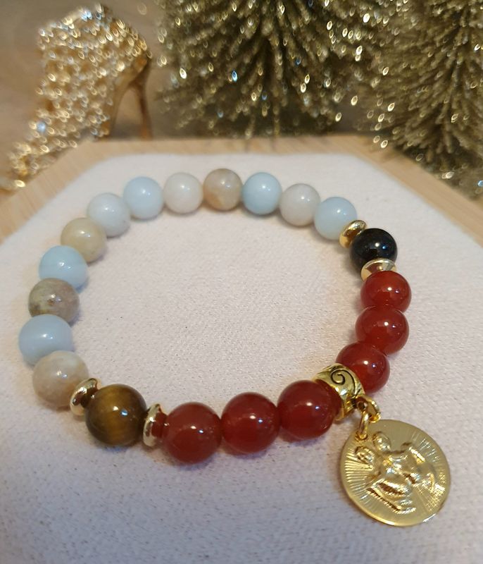 🌟 COLLECTION BRACELETS ASTRO 🌟 ♊️ GÉMEAUX ♊️ Bracelet mixte extensible en AMAZONITE/CORNALINE/ŒIL DE TIGRE Médaillon GÉMEAUX doré à l'or fin 24K Premium.