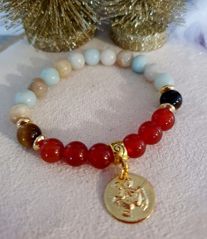🌟 COLLECTION BRACELETS ASTRO 🌟 ♊️ GÉMEAUX ♊️ Bracelet mixte extensible en AMAZONITE/CORNALINE/ŒIL DE TIGRE Médaillon GÉMEAUX doré à l&#39;or fin 24K Premium.