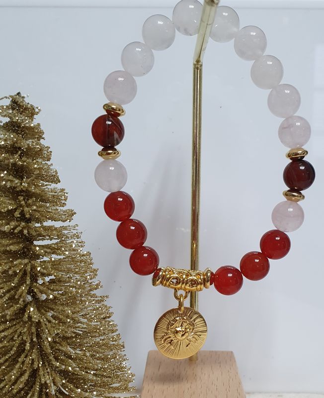 🌟 COLLECTION BRACELETS ASTRO 🌟 ♋️ CANCER ♋️  Bracelet mixte extensible en QUARTZ ROSE/CORNALINE/SARDONYX Médaillon CANCER doré à l'or fin 24K Premium.