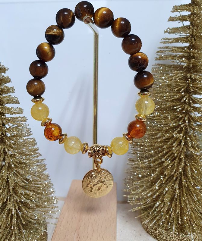 🌟 COLLECTION BRACELETS ASTRO 🌟 🦁 LION 🦁 Bracelet mixte extensible en  ŒIL DE TIGRE/CITRINE/AMBRE DE LA BALTIQUE Médaillon LION doré à l'or fin 24K Premium.