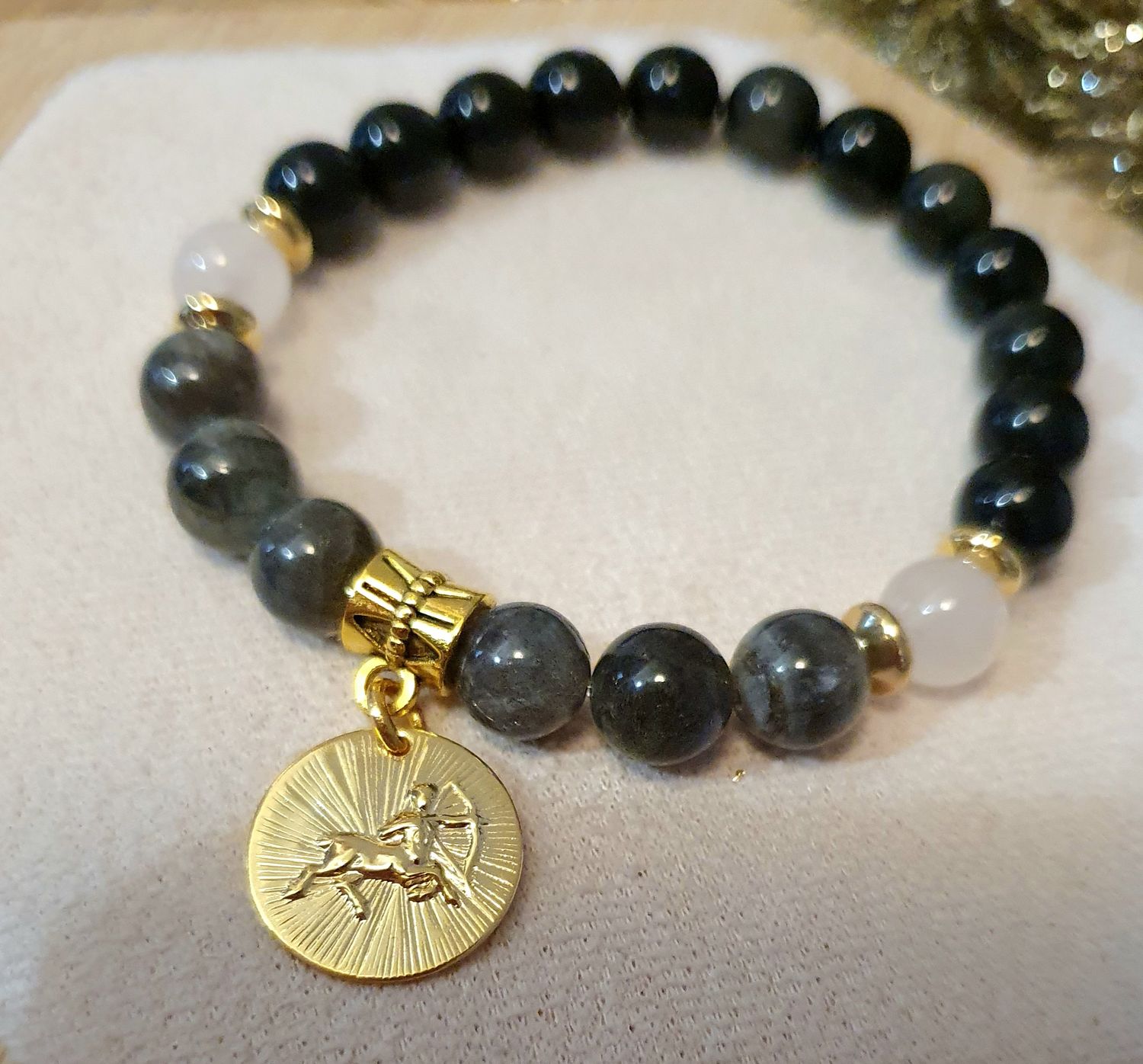 🌟 COLLECTION BRACELETS ASTRO 🌟 ♐️ SAGITTAIRE ♐️  Bracelet mixte extensible en OBSIDIENNE DORÉE/LABRADORITE/QUARTZ ROSE Médaillon SAGITTAIRE doré à l&#39;or fin 24K Premium