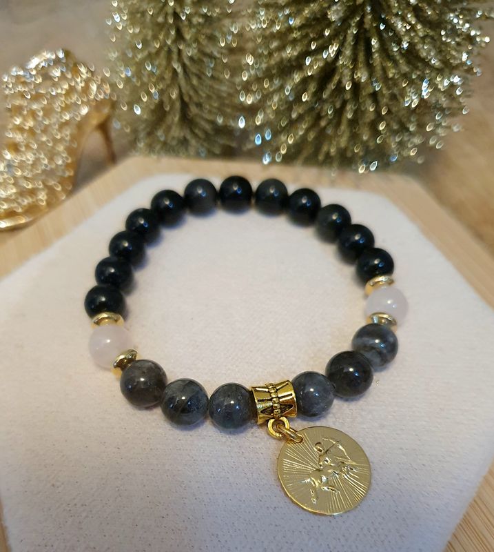 🌟 COLLECTION BRACELETS ASTRO 🌟 ♐️ SAGITTAIRE ♐️  Bracelet mixte extensible en OBSIDIENNE DORÉE/LABRADORITE/QUARTZ ROSE Médaillon SAGITTAIRE doré à l'or fin 24K Premium