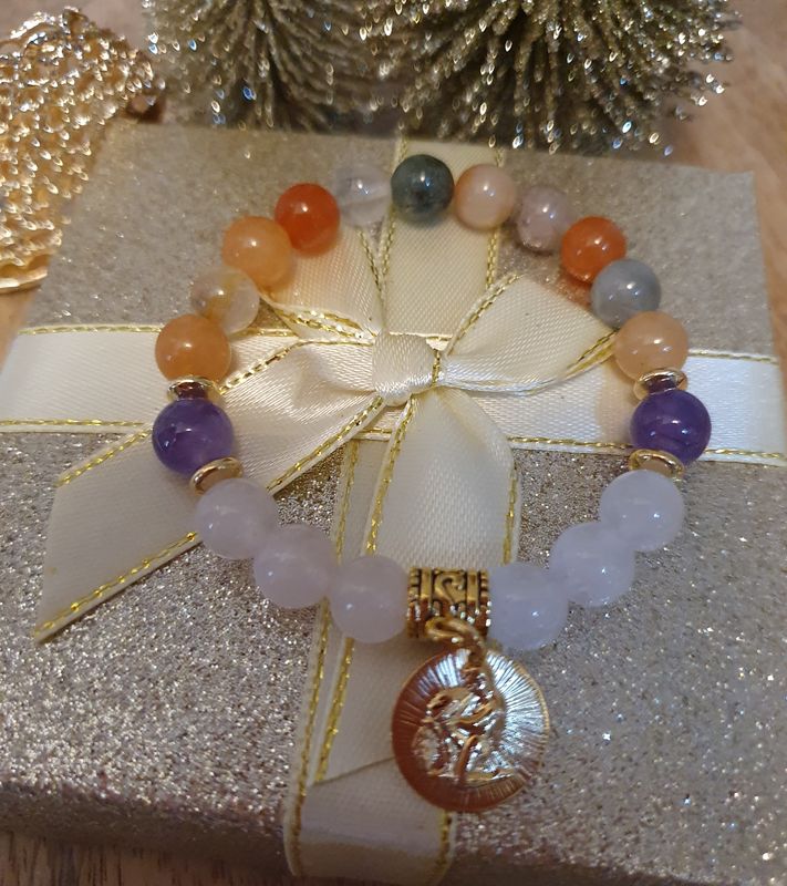 🌟 COLLECTION BRACELETS ASTRO 🌟 ♒️ VERSEAU ♒️ Bracelet mixte extensible en QUARTZ RUTILE/QUARTZ ROSE/AMÉTHYSTE Médaillon VERSEAU  doré à l&#39;or fin 24K Premium