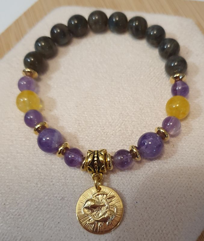 🌟 COLLECTION BRACELETS ASTRO 🌟 ♓️ POISSON ♓️ Bracelet mixte extensible en LABRADORITE/AMÉTHYSTE/CITRINE Médaillon doré à l'or fin 24K Premium