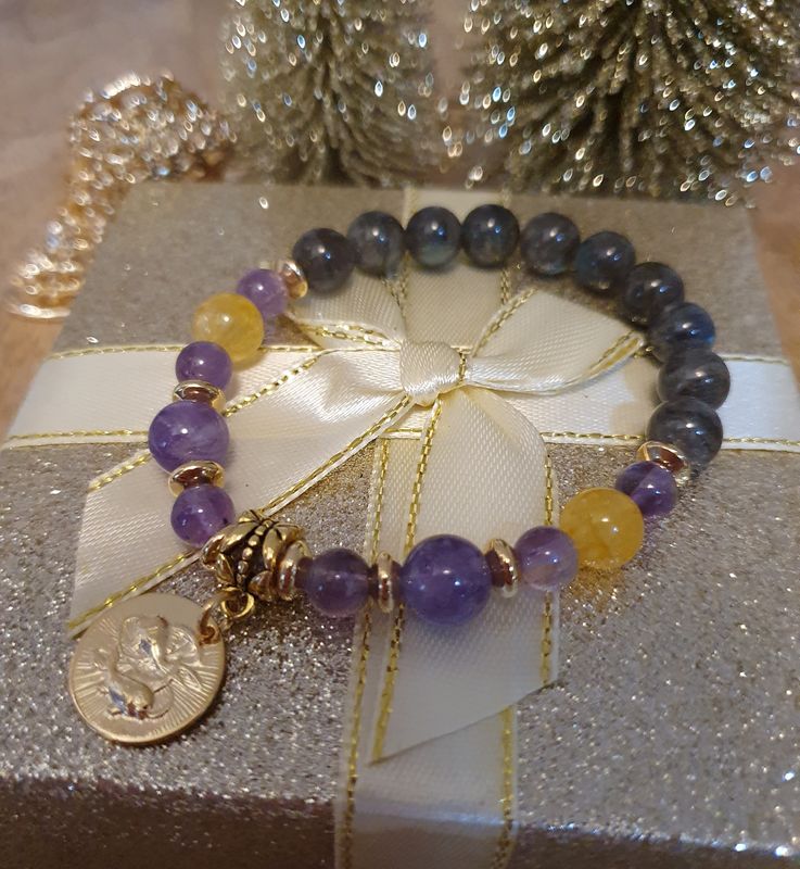 🌟 COLLECTION BRACELETS ASTRO 🌟 ♓️ POISSON ♓️ Bracelet mixte extensible en LABRADORITE/AMÉTHYSTE/CITRINE Médaillon doré à l&#39;or fin 24K Premium