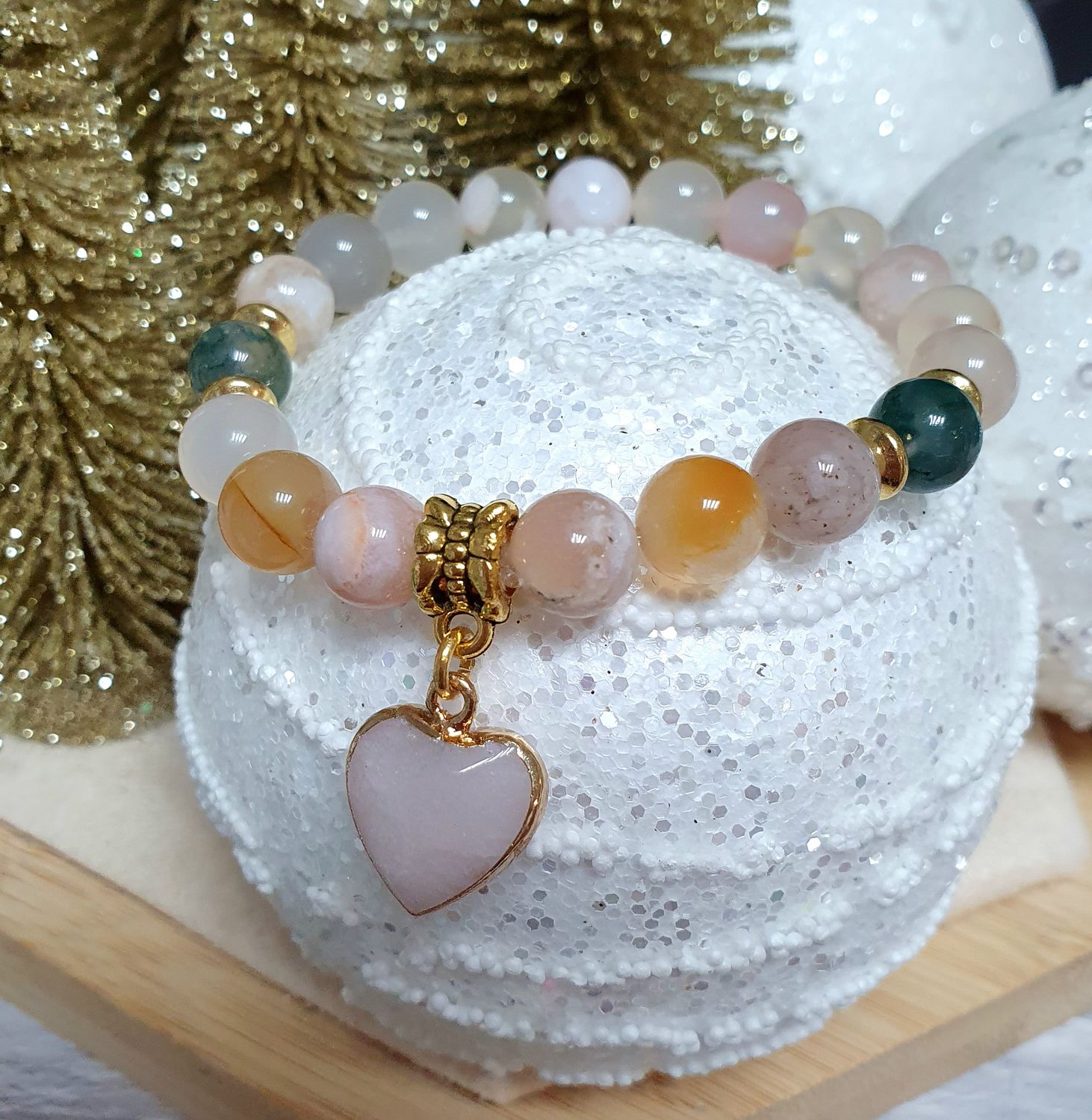 🌸 SAKURA 🌸 AGATE FLEURS DE CERISIER/AGATE MOUSSE 🌸 🙏 SAGESSE/SÉRÉNITÉ/STABILITÉ 🙏 Bracelet extensible (Personnalisable) Perles naturelles en véritable Agate Fleurs de cerisier 🌸 et AGATE mousse.