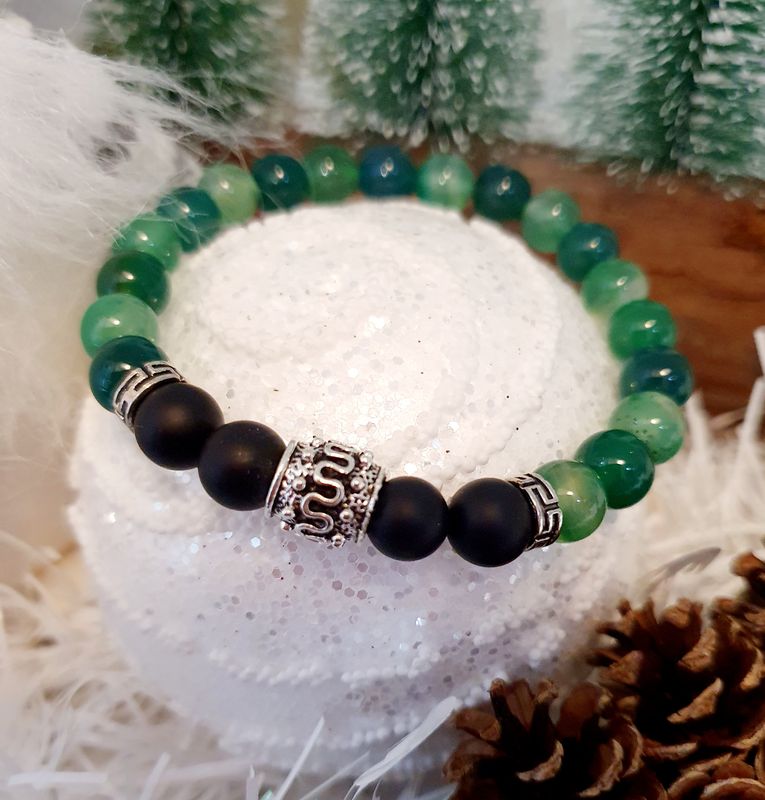 🙏 COMPASSION/GÉNÉROSITÉ/AIDE À LA PRISE DE DÉCISIONS 🙏 AGATE VERTE/ONYX NOIR MAT 🙏 Bracelet Homme/mixte T.19,5cm (Personnalisable) Fait main.