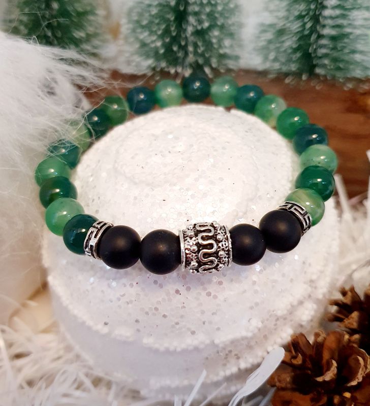 🙏 COMPASSION/GÉNÉROSITÉ/AIDE À LA PRISE DE DÉCISIONS 🙏 AGATE VERTE/ONYX NOIR MAT 🙏 Bracelet Homme/mixte T.19,5cm (Personnalisable) Fait main.