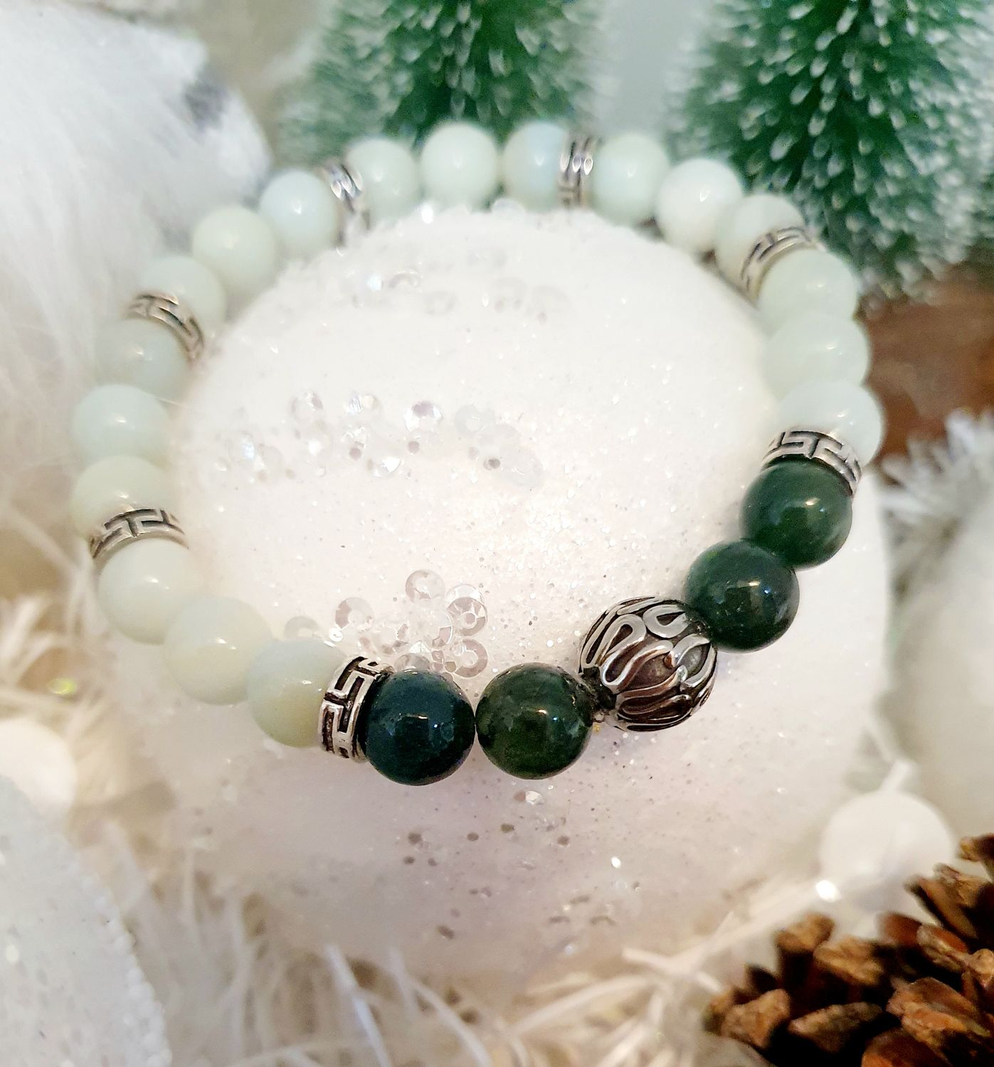 🙏 APAISEMENT/BONHEUR/CONFIANCE EN SOI 🙏 AMAZONITE BLEU/AGATE MOUSSE🙏 Bracelet Homme/mixte T.18,5cm (Personnalisable) Perle et anneaux en argent. Fait main.