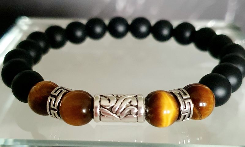 🙏 CONFIANCE EN SOI/PROTECTION/APAISEMENT 🙏 Bracelet extensible Homme/Mixte T.19cm (Personnalisable) Perles 8mm en ONYX NOIR MAT/ŒIL DE TIGRE 🐯 Création artisanale.
