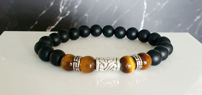 🙏 CONFIANCE EN SOI/PROTECTION/APAISEMENT 🙏 Bracelet extensible Homme/Mixte T.19cm (Personnalisable) Perles 8mm en ONYX NOIR MAT/ŒIL DE TIGRE 🐯 Création artisanale.