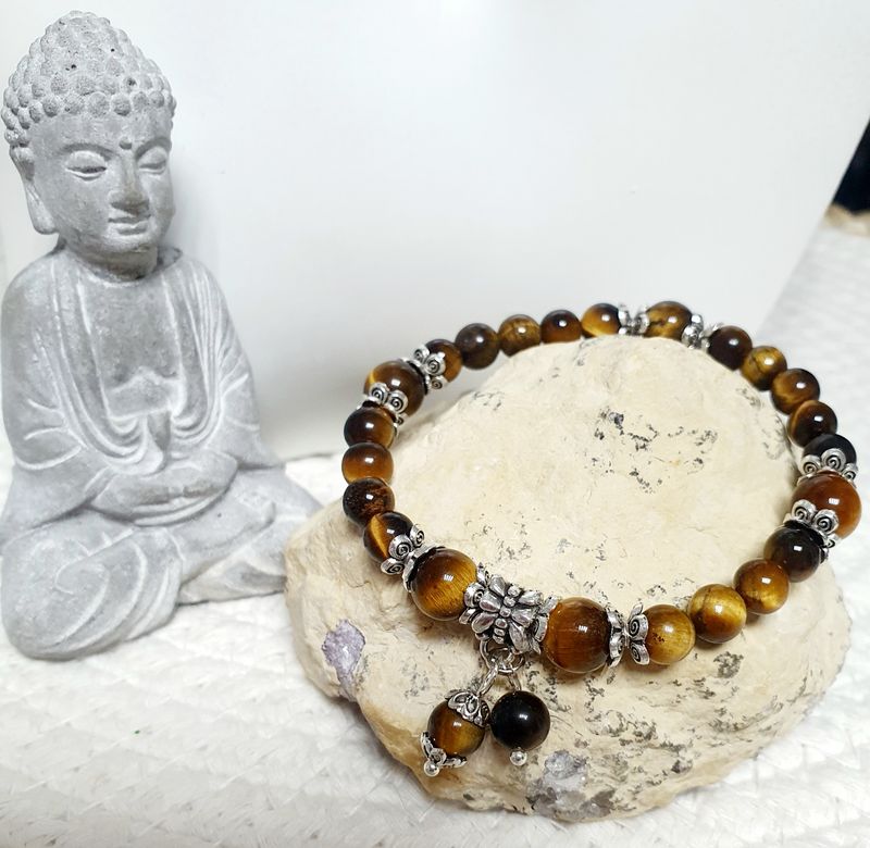 🙏 BOUCLIER CONTRE LES ÉNERGIES NÉGATIVES/CONFIANCE EN SOI 🙏 Bracelet extensible T.standard 18cm personnalisable. Perles en Œil DE TIGRE 🐅 ( Collier et boucles d&#39;oreilles assortis disponibles )