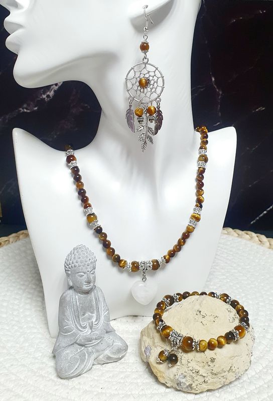 🙏 BOUCLIER CONTRE LES ÉNERGIES NÉGATIVES/CONFIANCE EN SOI 🙏 Bracelet extensible T.standard 18cm personnalisable. Perles en Œil DE TIGRE 🐅 ( Collier et boucles d'oreilles assortis disponibles )