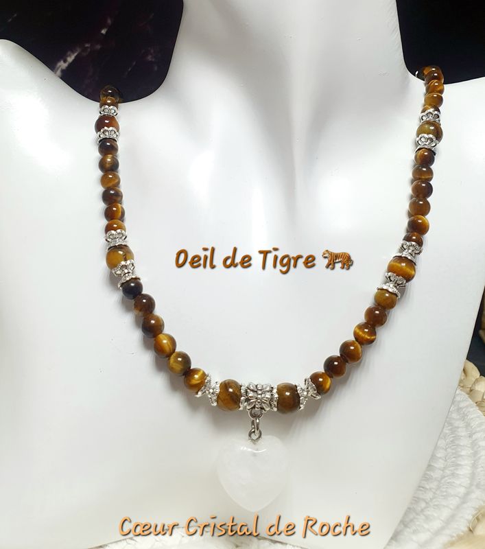 🙏 RÉCONFORT/COURAGE/PROTECTION 🙏 Magnifique collier extensible 58cm facile à enfiler. Perles en véritable OEIL DE TIGRE  🐅 Coeur en CRISTAL DE ROCHE. ( Boucles d'oreilles et bracelet disponibles)