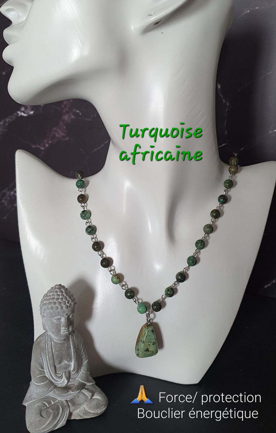 💚 TURQUOISE AFRICAINE 💚 Collier 57cm en acier inoxydable. Perles 6mm en véritable Turquoise africaine 🙏PROTECTION/FORCE/BOUCLIER ÉNERGÉTIQUE🙏 Création artisanale. Exemplaire unique.