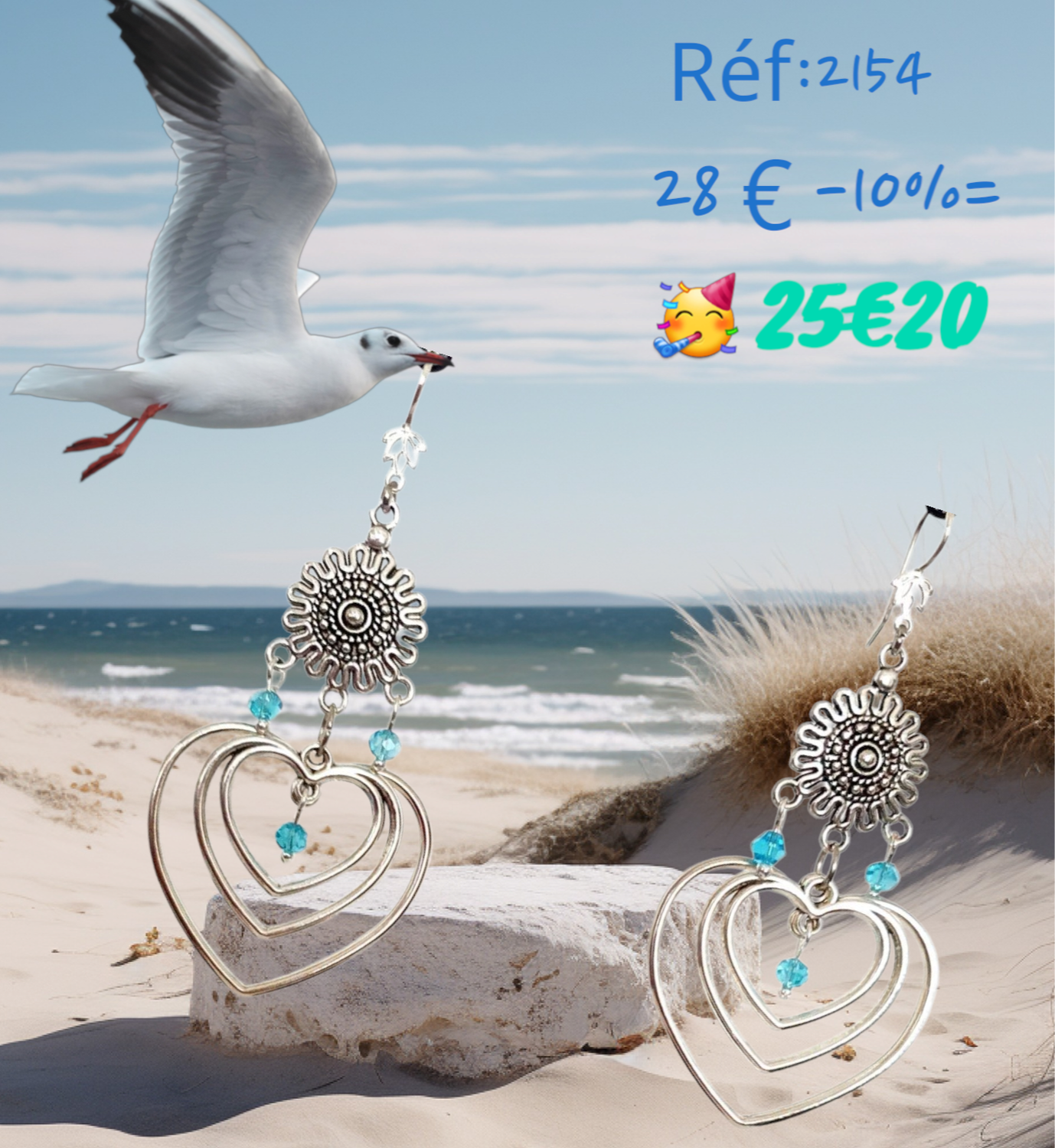 💙💙 Boucles d&#39;oreilles 3 coeurs argentés. Petites perles facettées en cristal bleu azur 💙 Crochets d&#39;oreilles fleurs de Lotus. Très légères à porter. Création artisanale. Exemplaire unique.