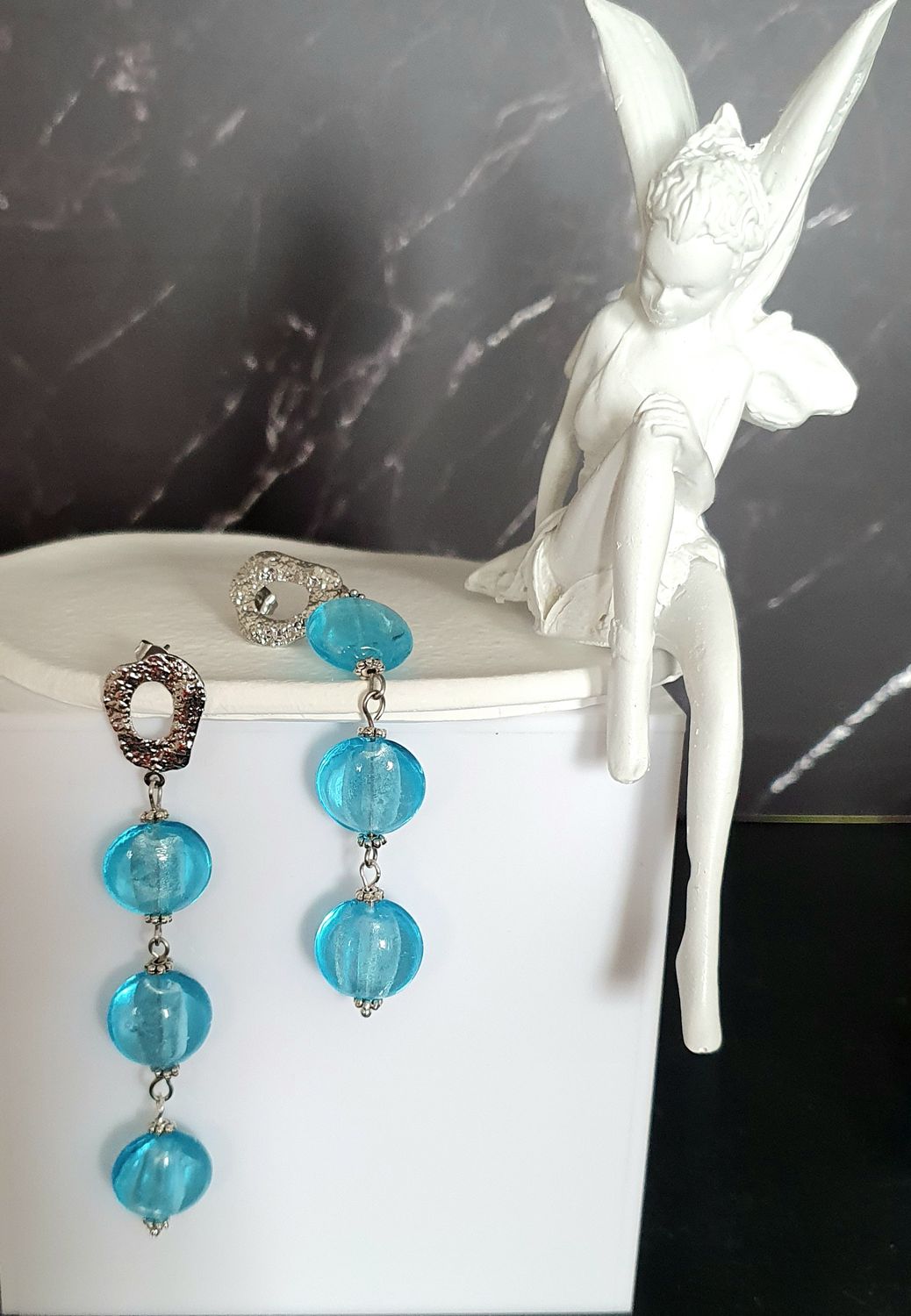 💎 Boucles d&#39;oreilles galets en verre Azur de Murano 💎 Création artisanale. Exemplaire unique.