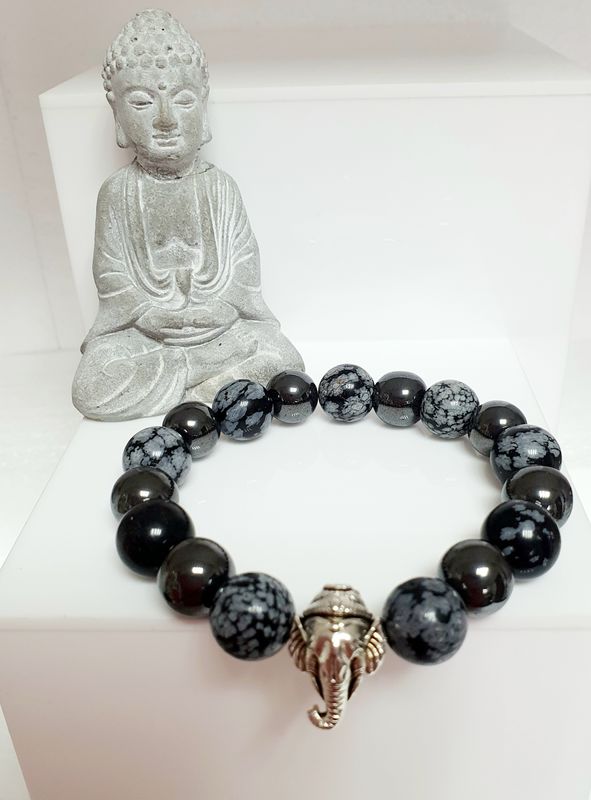 🐘 BRACELET JUMBO HOMME/MIXTE extensible Taille XL 21cm (Personnalisable) 🙏 OBSIDIENNE NEIGE/HÉMATITE 🙏 SOUTIEN ÉMOTIONNEL/CONFIANCE EN SOI/PAIX INTÉRIEURE 🙏 Fait main