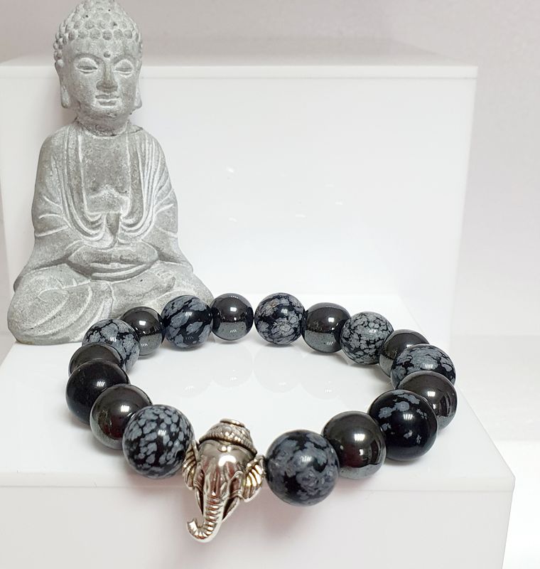 🐘 BRACELET JUMBO HOMME/MIXTE extensible Taille XL 21cm (Personnalisable) 🙏 OBSIDIENNE NEIGE/HÉMATITE 🙏 SOUTIEN ÉMOTIONNEL/CONFIANCE EN SOI/PAIX INTÉRIEURE 🙏 Fait main